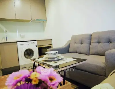 Modern living room with cozy sofa and compact kitchen featuring a washing machine.