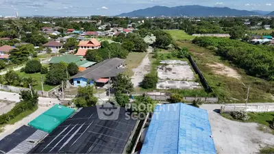 Aerial view of suburban neighborhood with lush greenery and mountain backdrop.