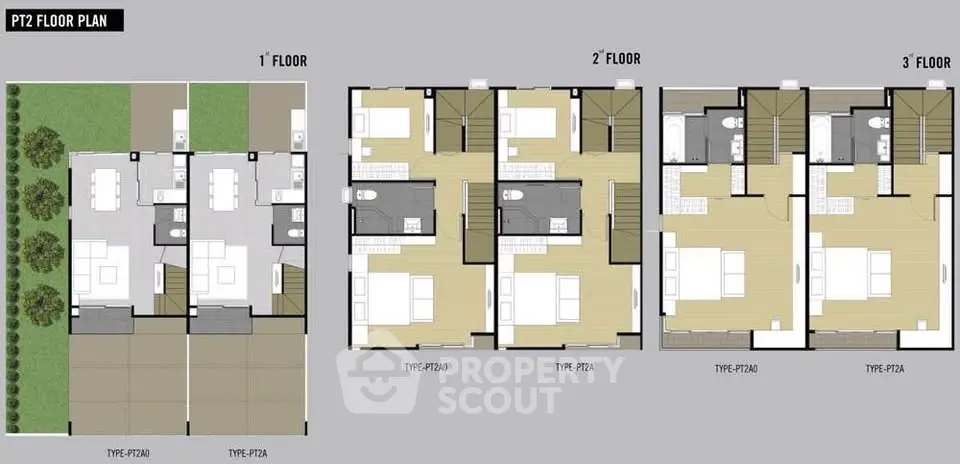 Modern three-story floor plan with spacious layout and garden area