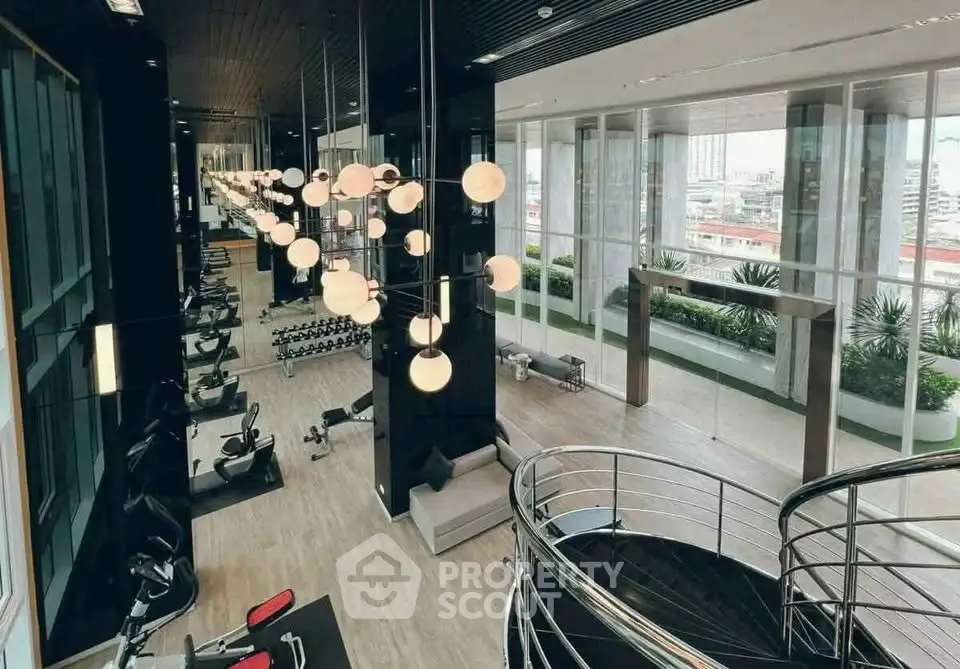 Luxurious modern gym with panoramic city views and stylish lighting