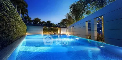 Luxurious outdoor pool with modern design and ambient lighting, perfect for relaxation and entertainment.