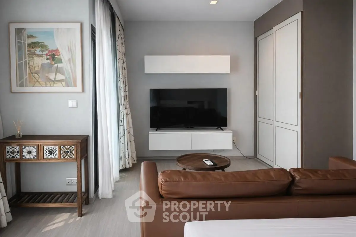 Modern living room with sleek TV setup and stylish decor