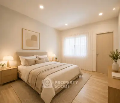 Elegant bedroom with cozy lighting and modern decor, featuring a comfortable bed and stylish furnishings.