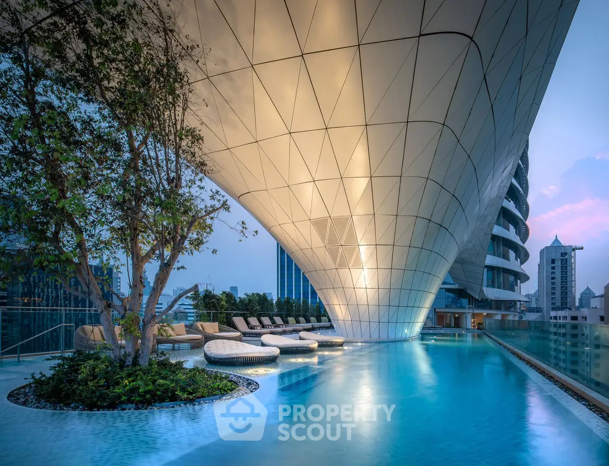 Luxurious rooftop pool with modern architecture and city skyline view, perfect for relaxation and leisure.