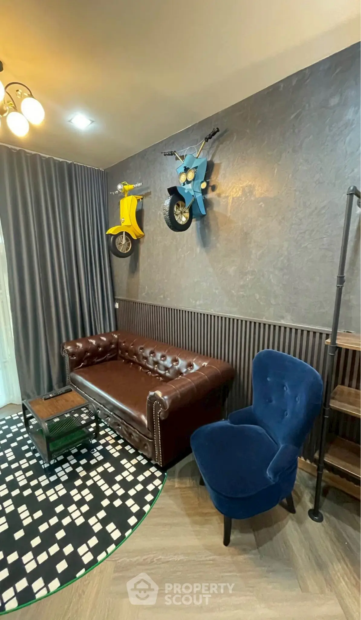 Stylish living room with unique scooter wall decor and modern furniture.