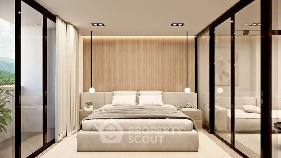 Luxurious modern bedroom with glass walls and elegant lighting