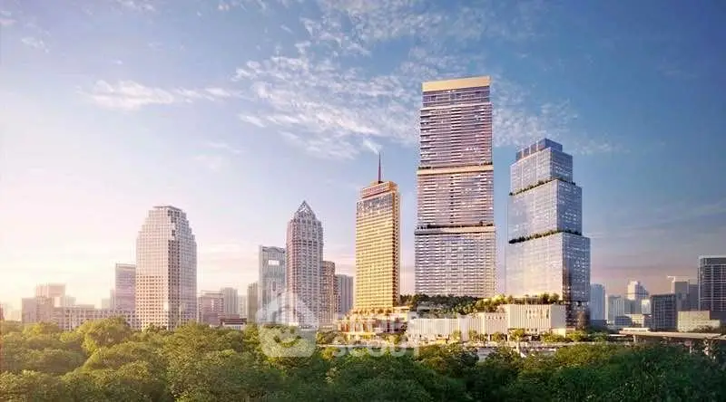 Stunning skyline view of modern skyscrapers with lush greenery in the foreground, showcasing urban luxury.