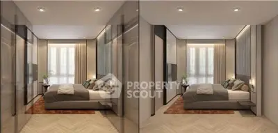 Modern bedroom with elegant design and natural light, featuring a cozy bed and stylish decor.