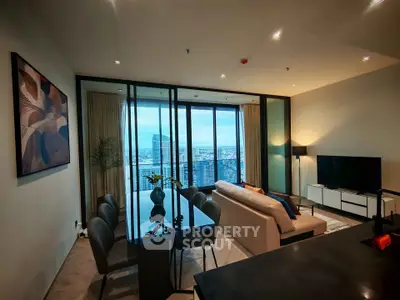 Luxurious living room with stunning city view, modern decor, and elegant furniture in high-rise apartment.
