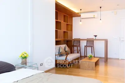 Modern living room with wooden furniture and cozy decor