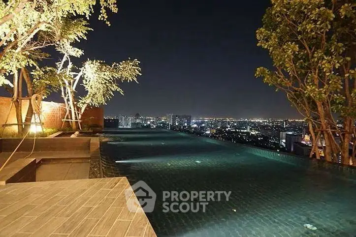 Luxurious rooftop infinity pool with stunning city skyline view at night.