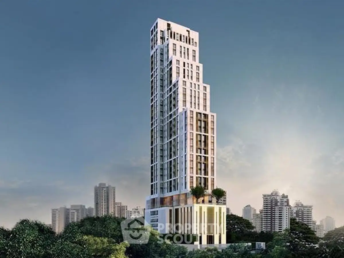 Stunning modern high-rise building with panoramic city views and lush greenery, perfect for luxury urban living.