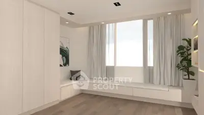 Modern minimalist living room with large windows and built-in seating.