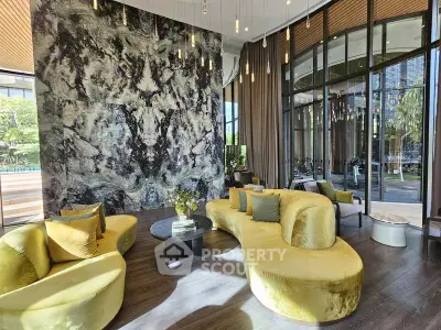 Luxurious modern living room with unique design and large windows overlooking garden