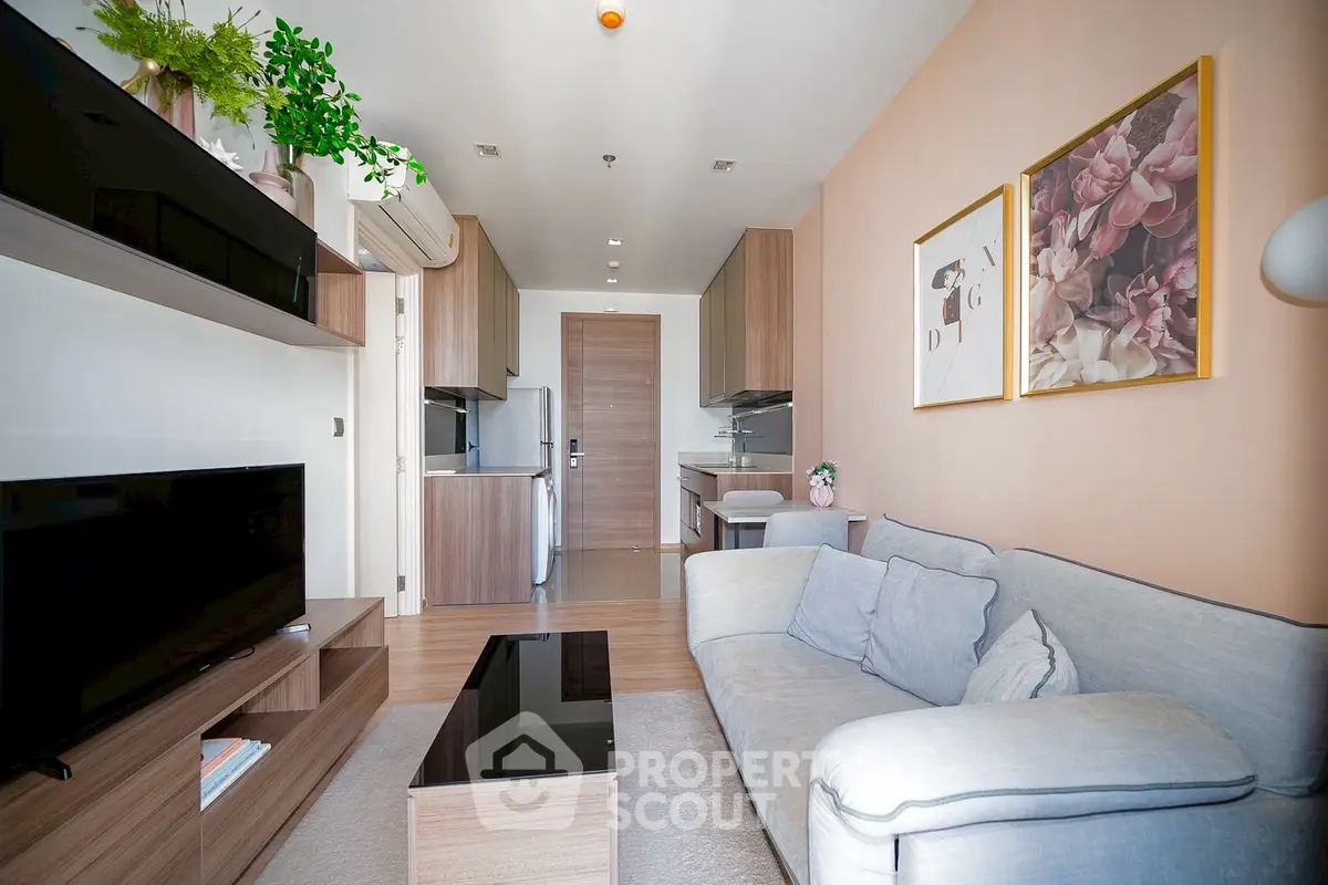 Modern living room with stylish decor and open kitchen layout