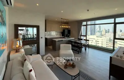 Spacious modern living room with city view, open kitchen, and elegant decor in high-rise apartment.