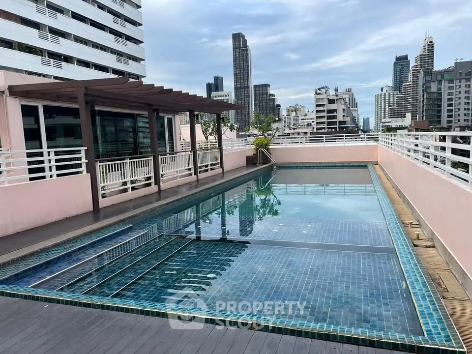 Stunning rooftop pool with city skyline views in modern urban setting.