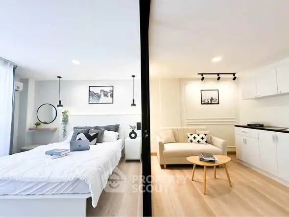 Modern open-plan bedroom and living area with stylish decor and natural light.