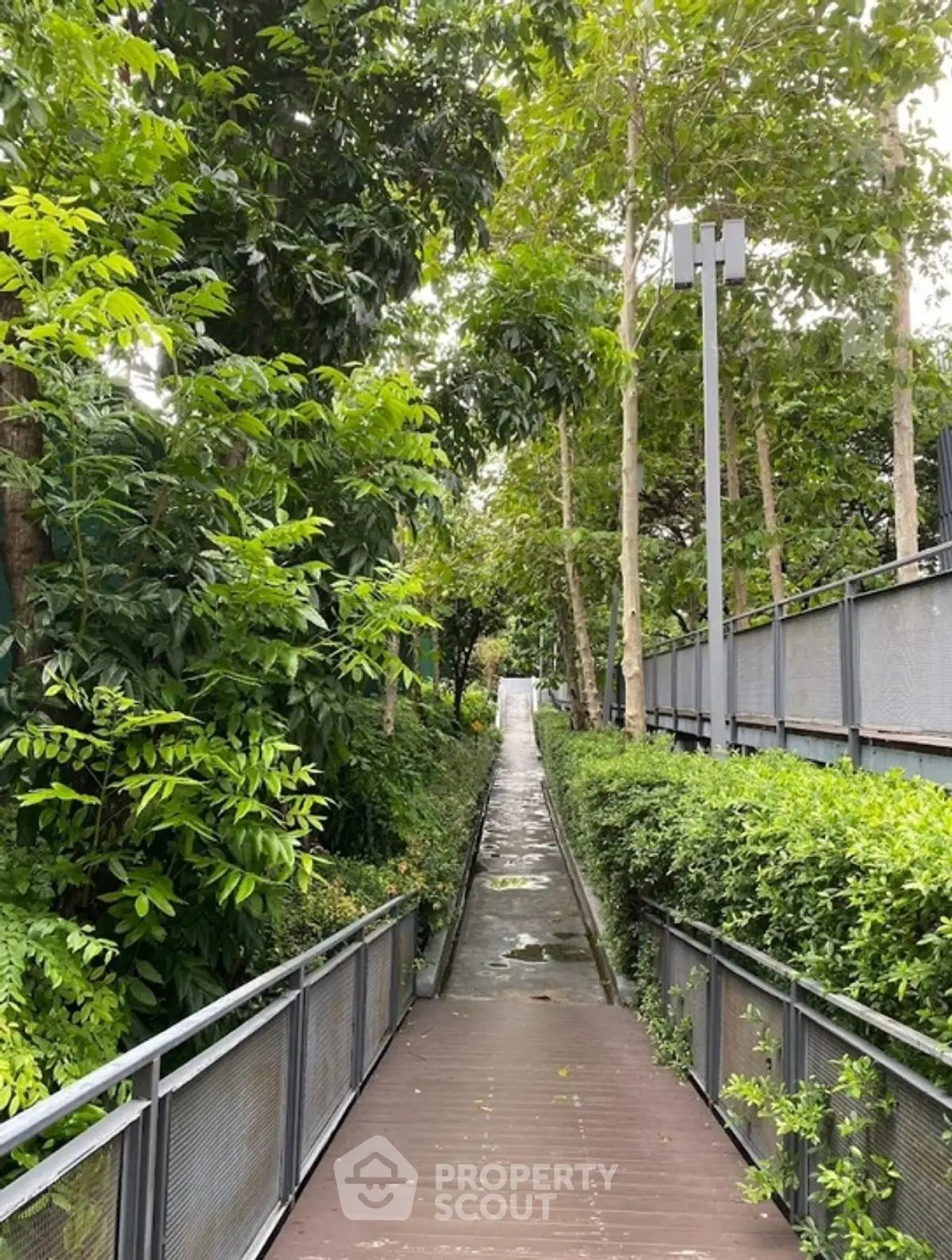 Scenic garden pathway with lush greenery and modern railing