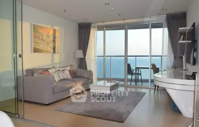 Luxurious living room with stunning ocean view and modern decor
