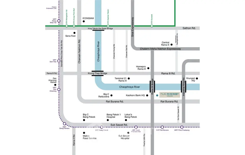 Map showing real estate locations near Chao Phraya River and major roads.
