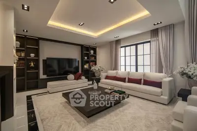 Luxurious modern living room with elegant decor and spacious seating area.