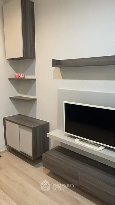 Modern living room with sleek TV unit and stylish shelving