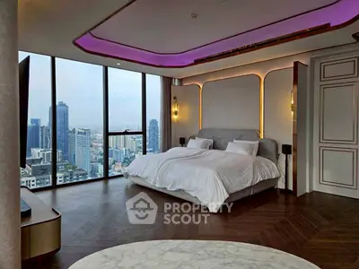 Luxurious bedroom with panoramic city view and modern lighting