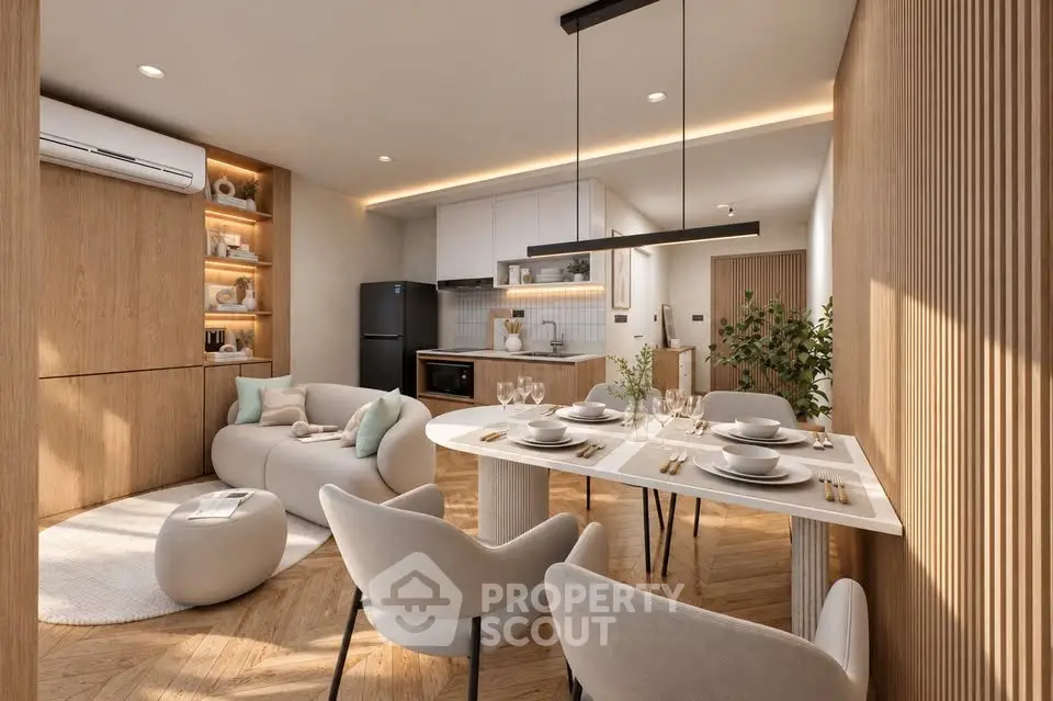 Modern open-plan living and dining area with stylish decor and natural wood accents.
