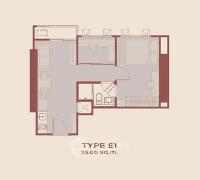 Compact 35 sqm Type E1 apartment floor plan with efficient layout.