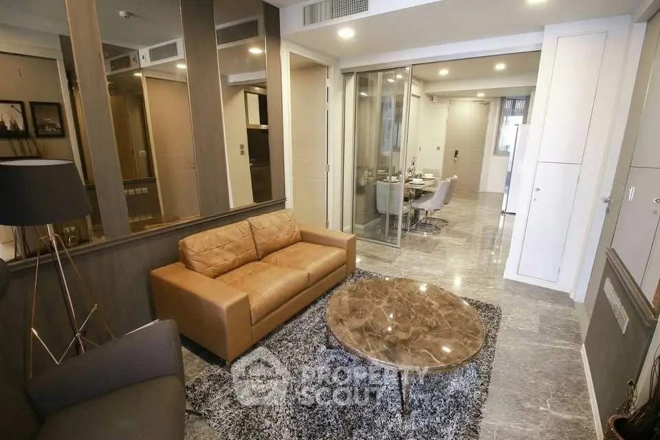 Luxurious modern living room with marble flooring and elegant furniture