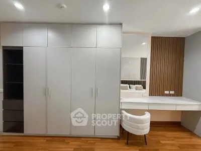 Modern bedroom with sleek wardrobe and stylish vanity desk