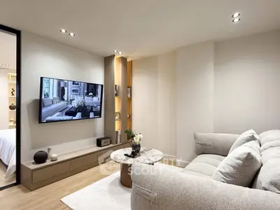 Modern living room with cozy sofa and wall-mounted TV, perfect for relaxation.