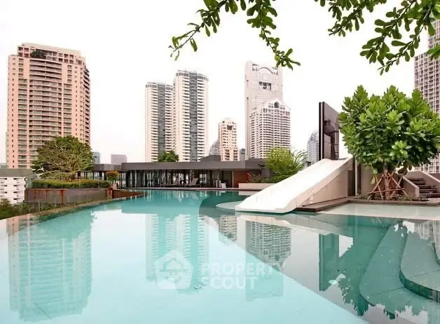 Luxurious rooftop pool with stunning city skyline views in a modern urban setting.