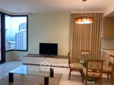 Spacious living room with modern furniture and stunning city view in high-rise apartment.