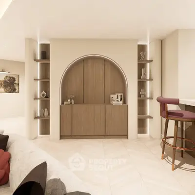 Modern living room with stylish archway shelving and cozy seating area