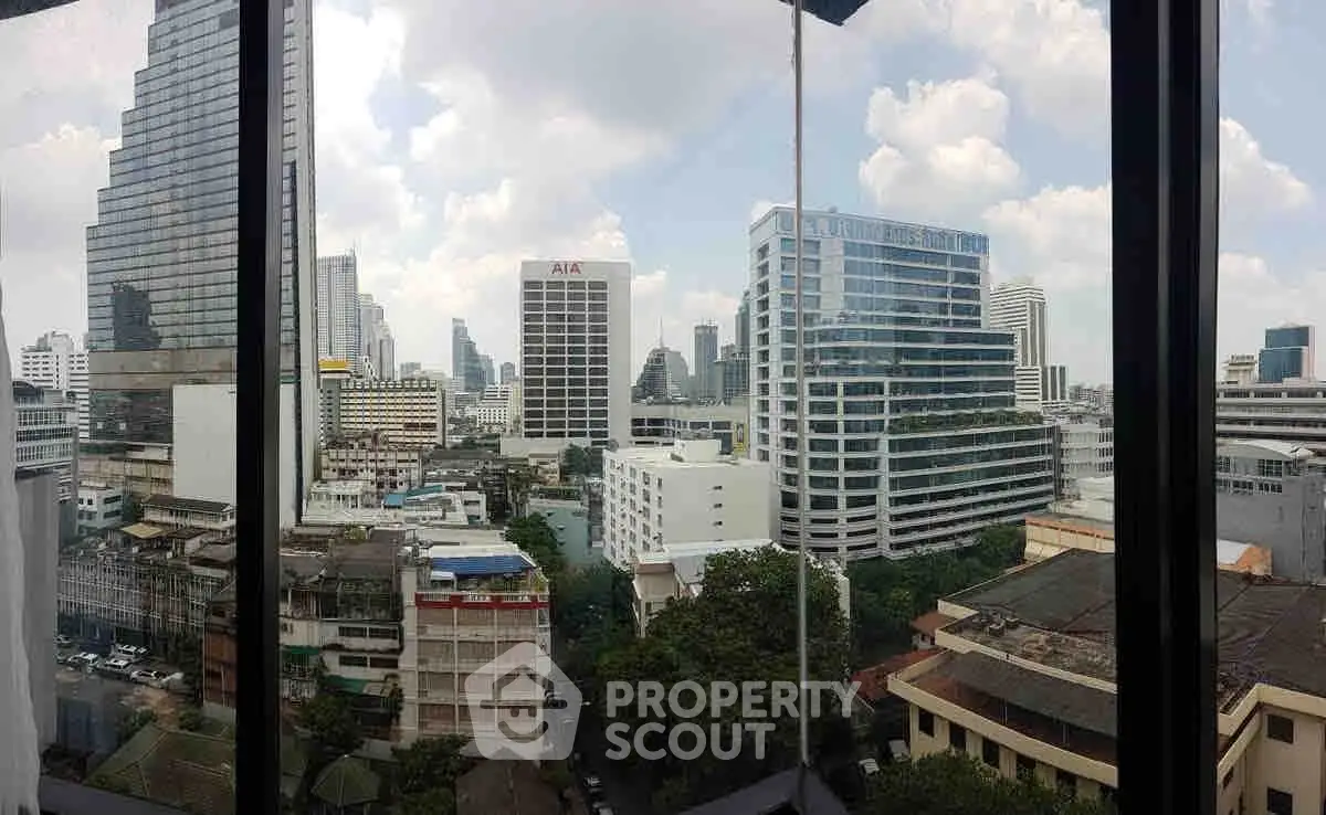 Stunning cityscape view from a high-rise building window, showcasing modern architecture and vibrant urban life.