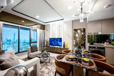 Luxurious modern living room with city view, elegant decor, and stylish dining area.
