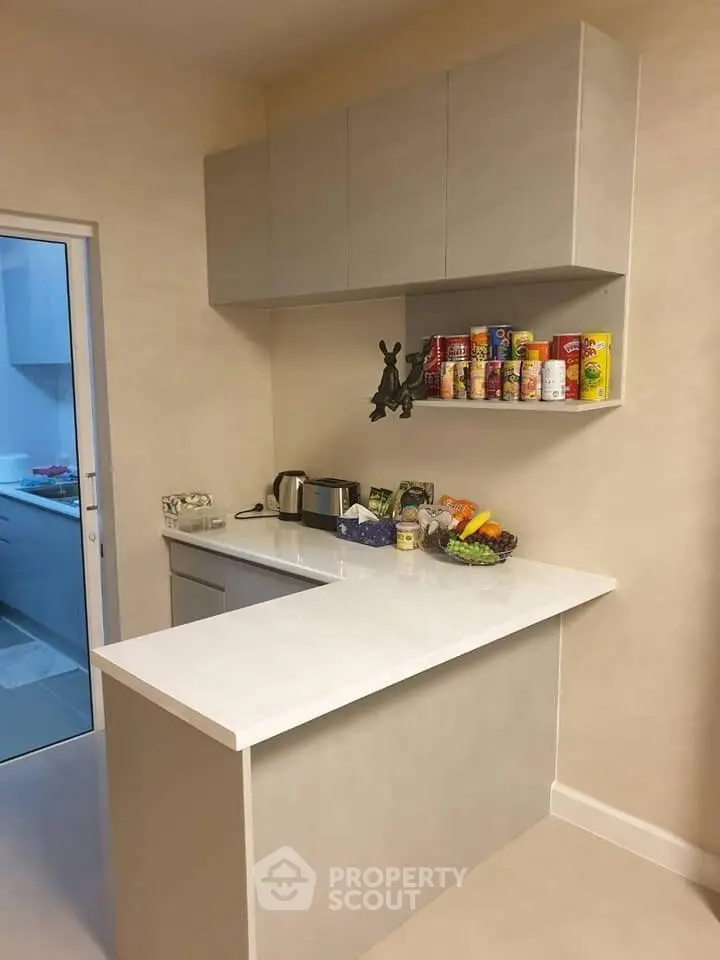 Modern kitchen with sleek cabinets and a stylish countertop, perfect for culinary enthusiasts.