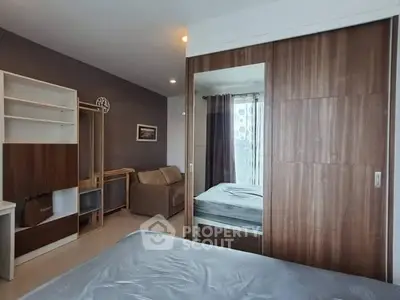 Modern bedroom with stylish wooden furniture and ample natural light