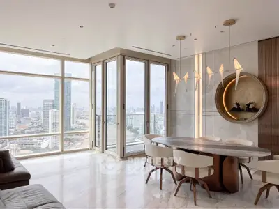Luxurious modern living room with panoramic city views and elegant dining area.