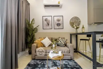 Stylish modern living room with cozy sofa, chic decor, and elegant bar area, perfect for urban living.