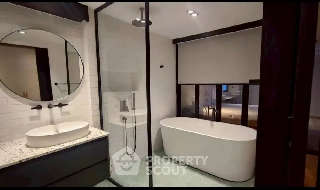 Luxurious modern bathroom with freestanding bathtub and sleek fixtures
