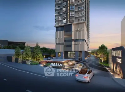 Stunning modern high-rise building with elegant entrance and landscaped surroundings at sunset.