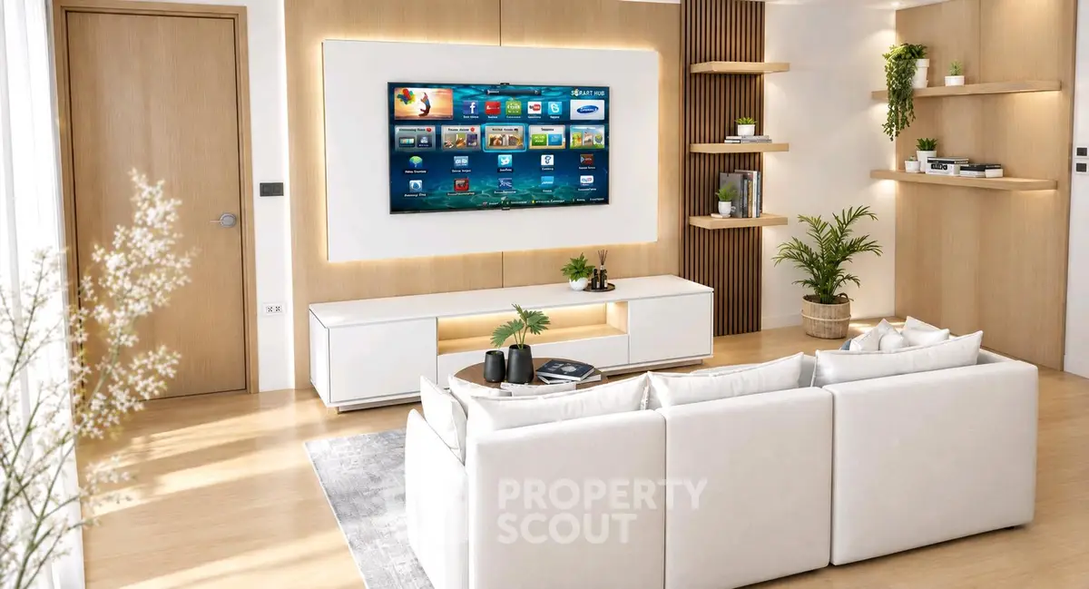 Modern living room with sleek design, wall-mounted TV, and elegant decor.