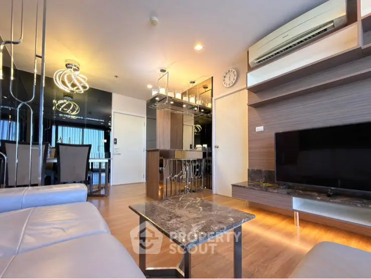 Luxurious modern living room with elegant decor and ambient lighting