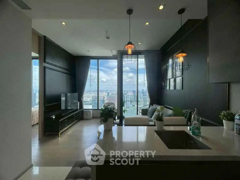 Luxurious modern living room with stunning city view and elegant decor