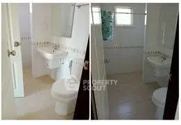 Compact bathroom with modern fixtures and neutral tiles, perfect for efficient use of space.