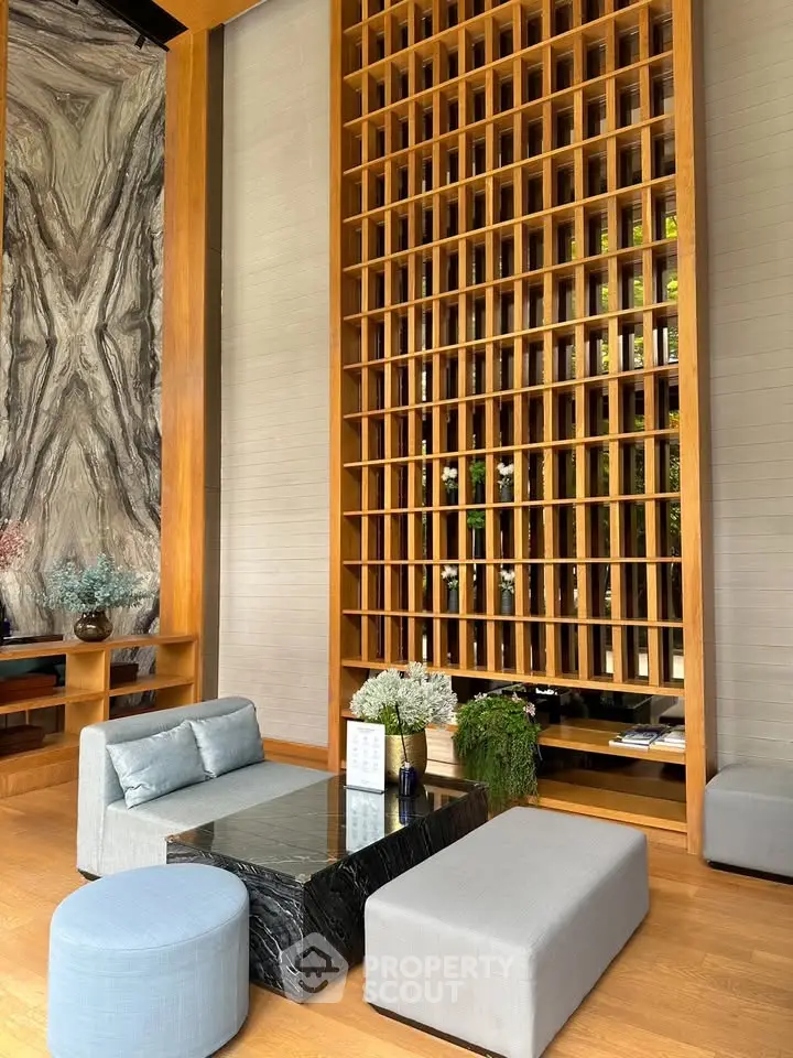 Luxurious modern living room with high ceilings and stylish decor