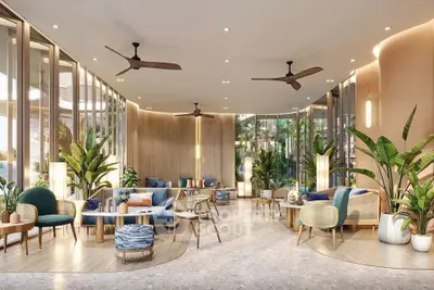 Luxurious modern living room with elegant decor and abundant natural light